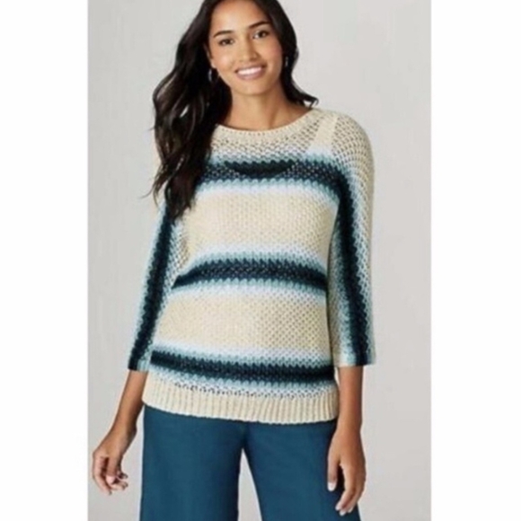 J. Jill Sweaters - J. Jill Open Knit Blue Cream Striped Linen Blend Sweater Top 3/4 Sleeves XS NEW
